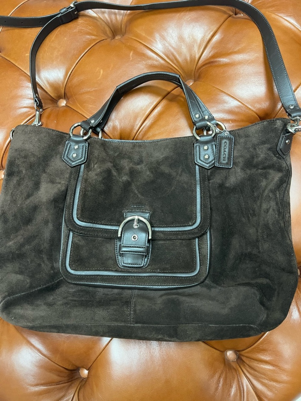 Coach Chocolate Brown Suede Buckle-Front Satchel with Leather Trim